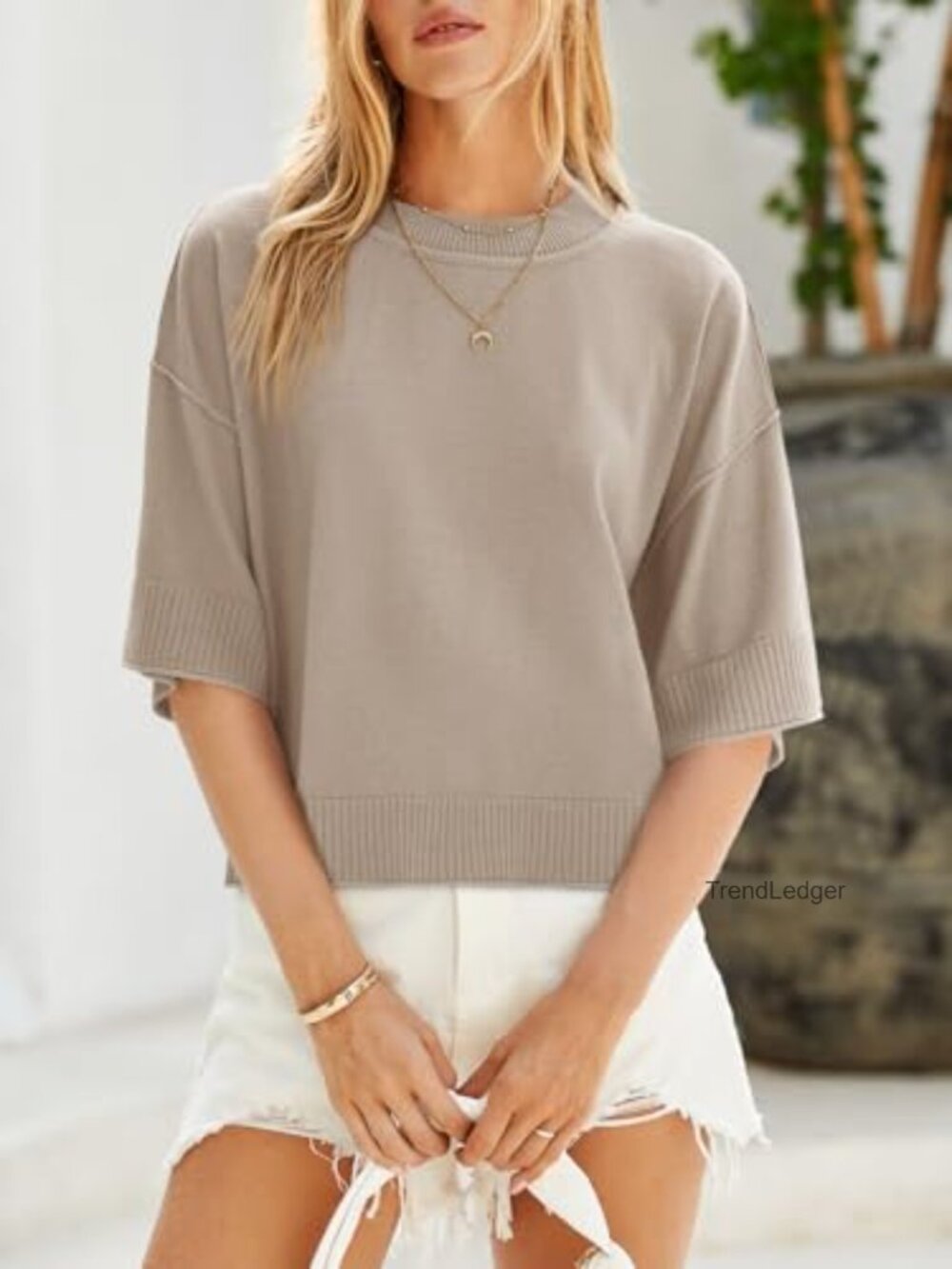 Short Sleeve Oversized Cropped Sweater Lightweight Knit Crewneck Pullover - Picture 3 of 7